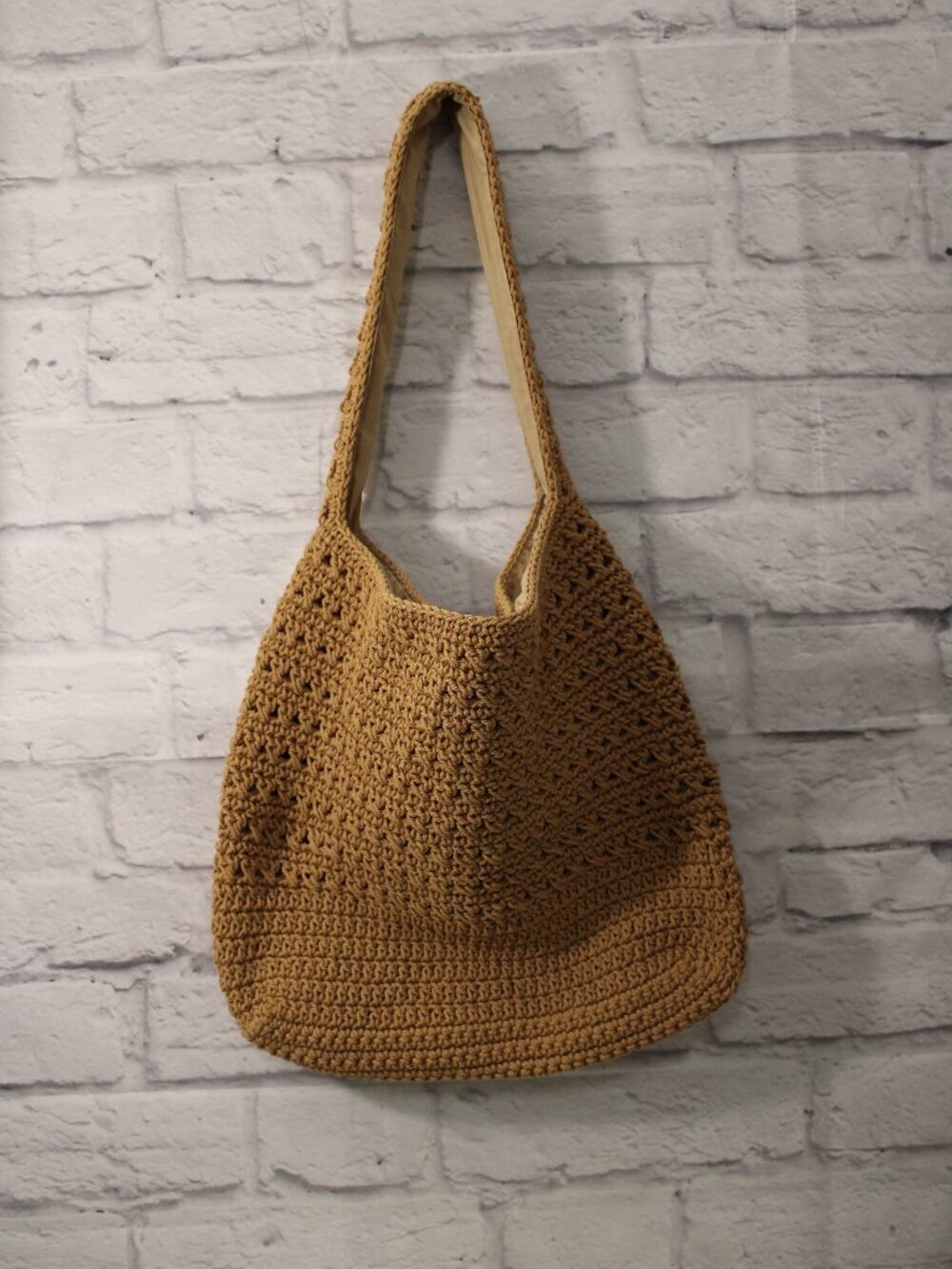 Sonoma Tan Camel Crocheted Knit Medium Sized Hobo Shoulder Bag
